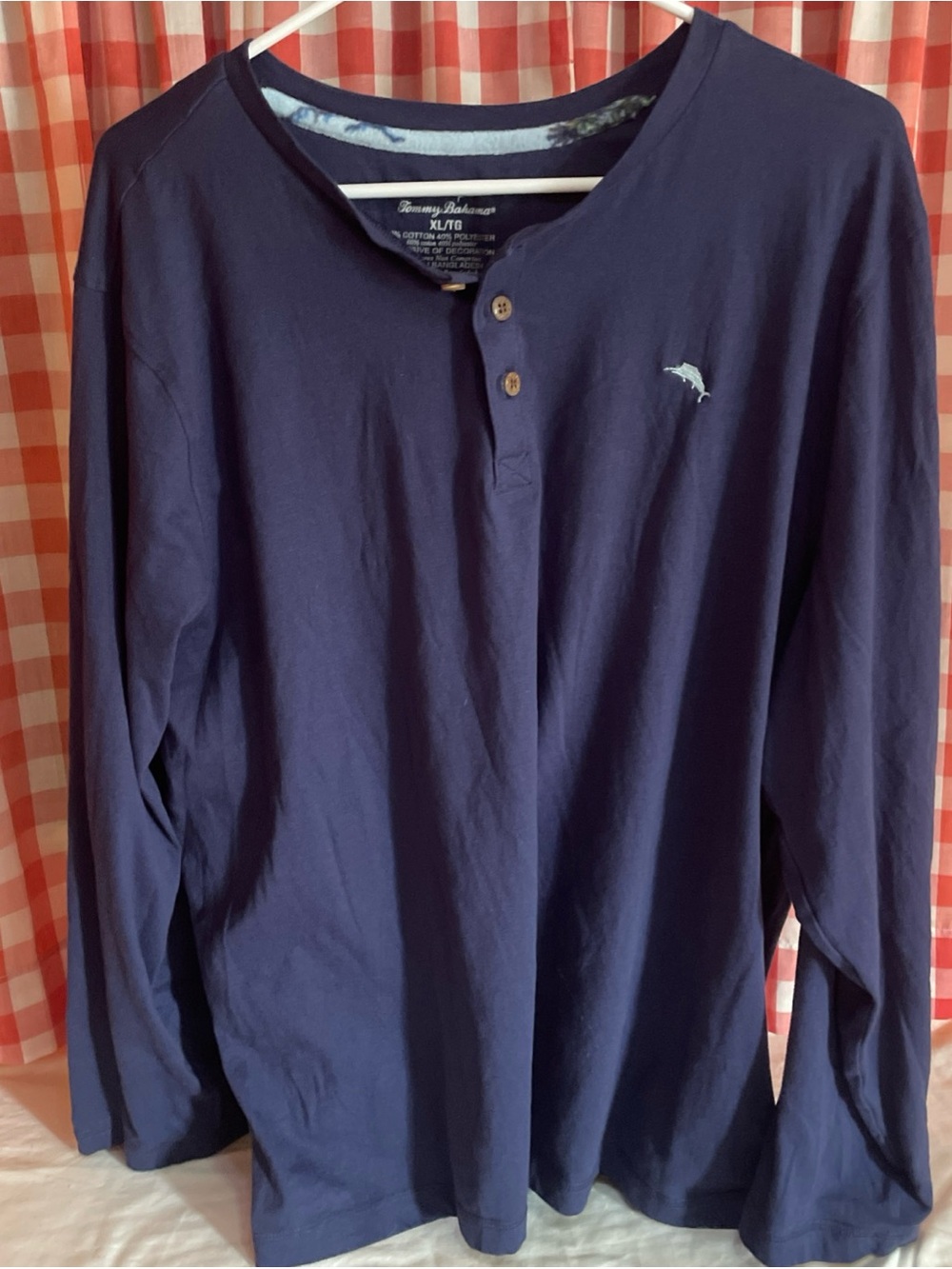 Tommy Bahama Navy Long-Sleeve Henley with Light Blue Fish Logo